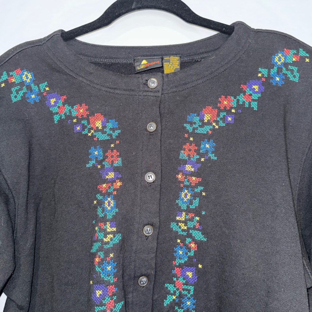 Lizsport Vintage Black Cotton Floral Cross Stitch Embroidered Cardigan Sweater M - Picture 2 of 4